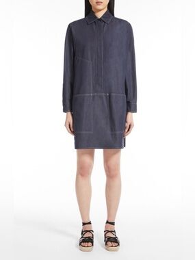 Max Mara Billy Navy Shirt Dress Denim Stitch Detail Made in Italy size US4-6